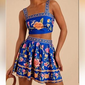 Bright Blue Floral Two-Piece Crop Top & Skirt Set- XS, NEW WITH TAGS